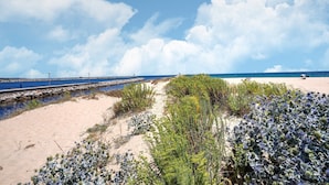 A coastal landscape with a sandy beach, a rocky breakwater, and dense vegetation. - Villa in Vilamoura With Pool Near Beach (Loulé)