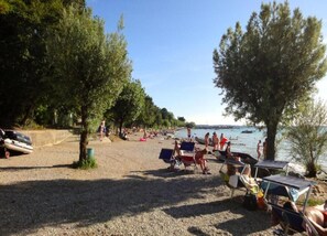 A beach with people, boats, and trees.