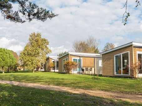 A row of modern, single-story cabins with large windows, surrounded by a grassy area and trees.
