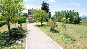 Un sendero pavimentado que conduce a una construcción rústica con tejado de tejas, rodeada de abundante vegetación y árboles.