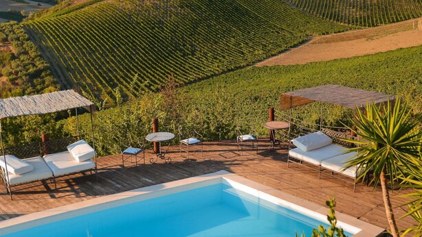 Zona de piscina con sillones de descanso y vistas a filas de viñedos.