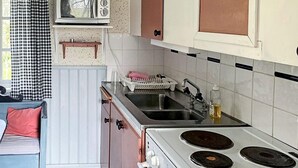 A compact kitchen with a stove, sink, and a small countertop. - 4 Person Holiday Home in Lottorp (Löttorp)