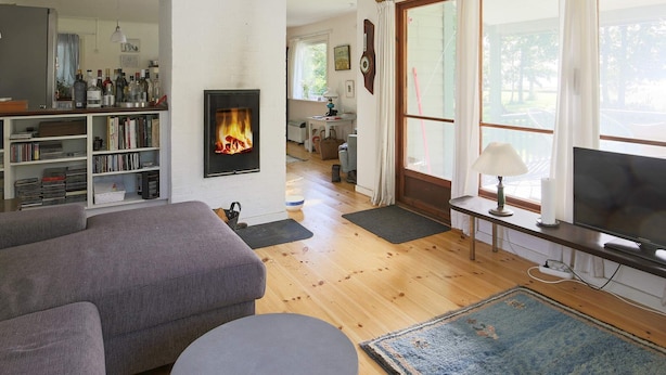 Ein gemütliches Wohnzimmer mit Kamin, Fernseher und Bücherregal.