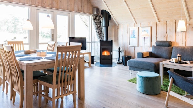 Ein gemütliches Holzinterieur mit Essbereich, einer Couch und einem Kamin.