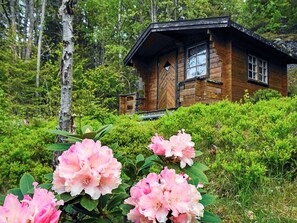 A wooden cabin surrounded by lush greenery and flowering plants.