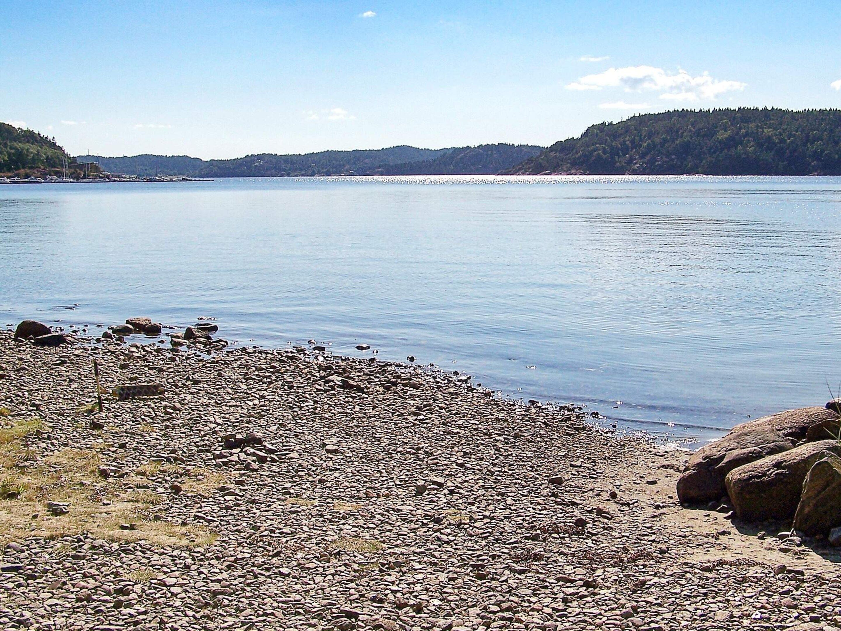 A rocky shoreline with calm water and distant hills.