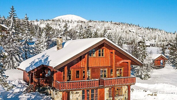 A wooden lodge with a balcony, surrounded by snow-covered trees and a mountain in the background. - 3 Person Holiday Home in BOE Telemark (Midt-Telemark)