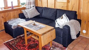 A cozy room with a dark blue sofa, a wooden coffee table, and a patterned rug. - 3 Person Holiday Home in BOE Telemark (Midt-Telemark)