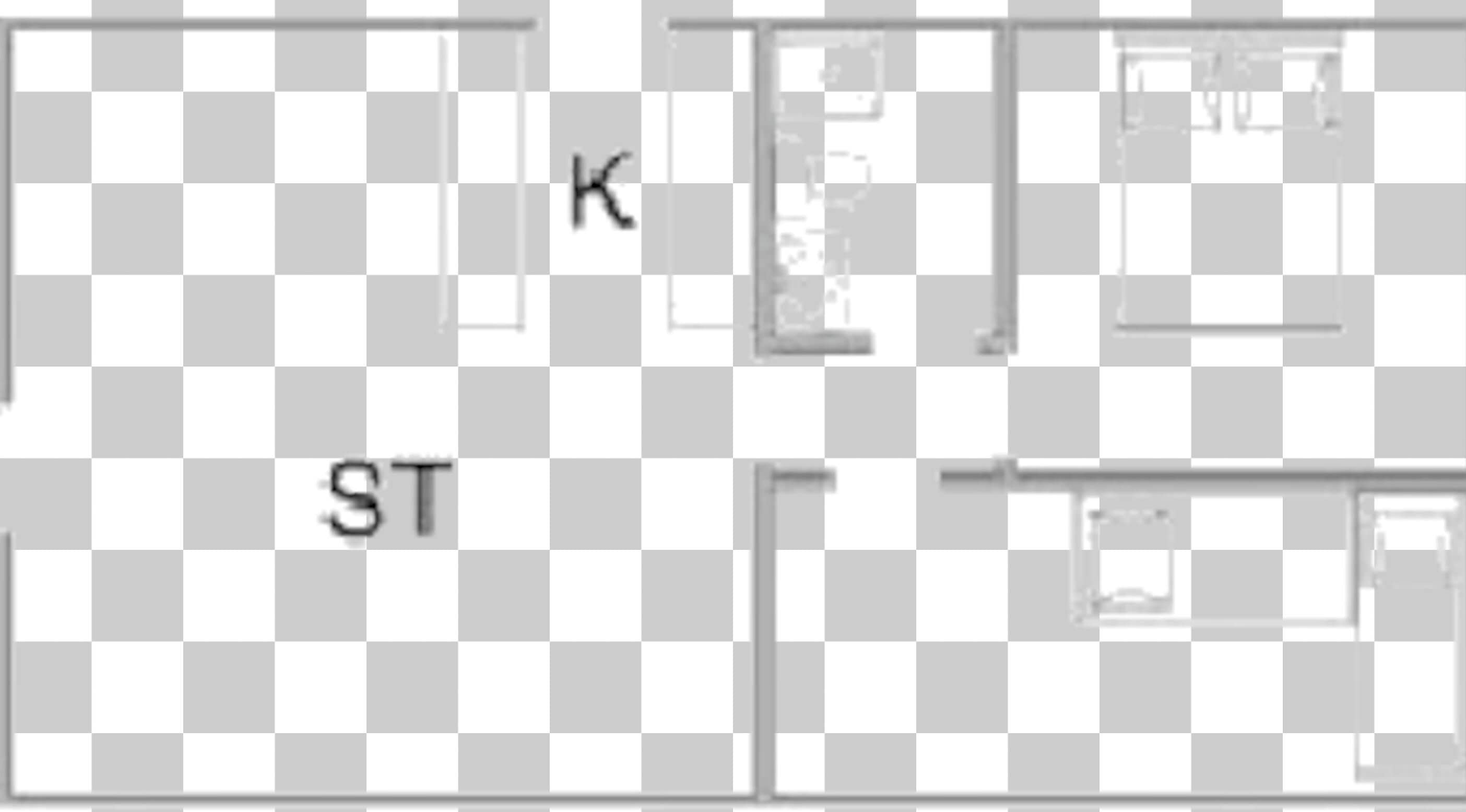A hotel layout with a kitchen, a living area, and a bedroom.