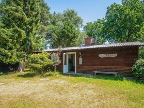 Une cabane rustique nommée « DUMELA », avec une façade en bois, une cheminée et une porte.