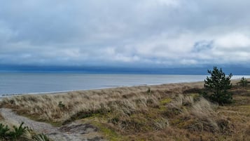 A coastal landscape with a sandy beach, grassy dunes, and a clear view of the sea under a cloudy sky.