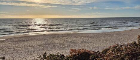 A beach with waves, a clear sky, and the sun setting or rising.