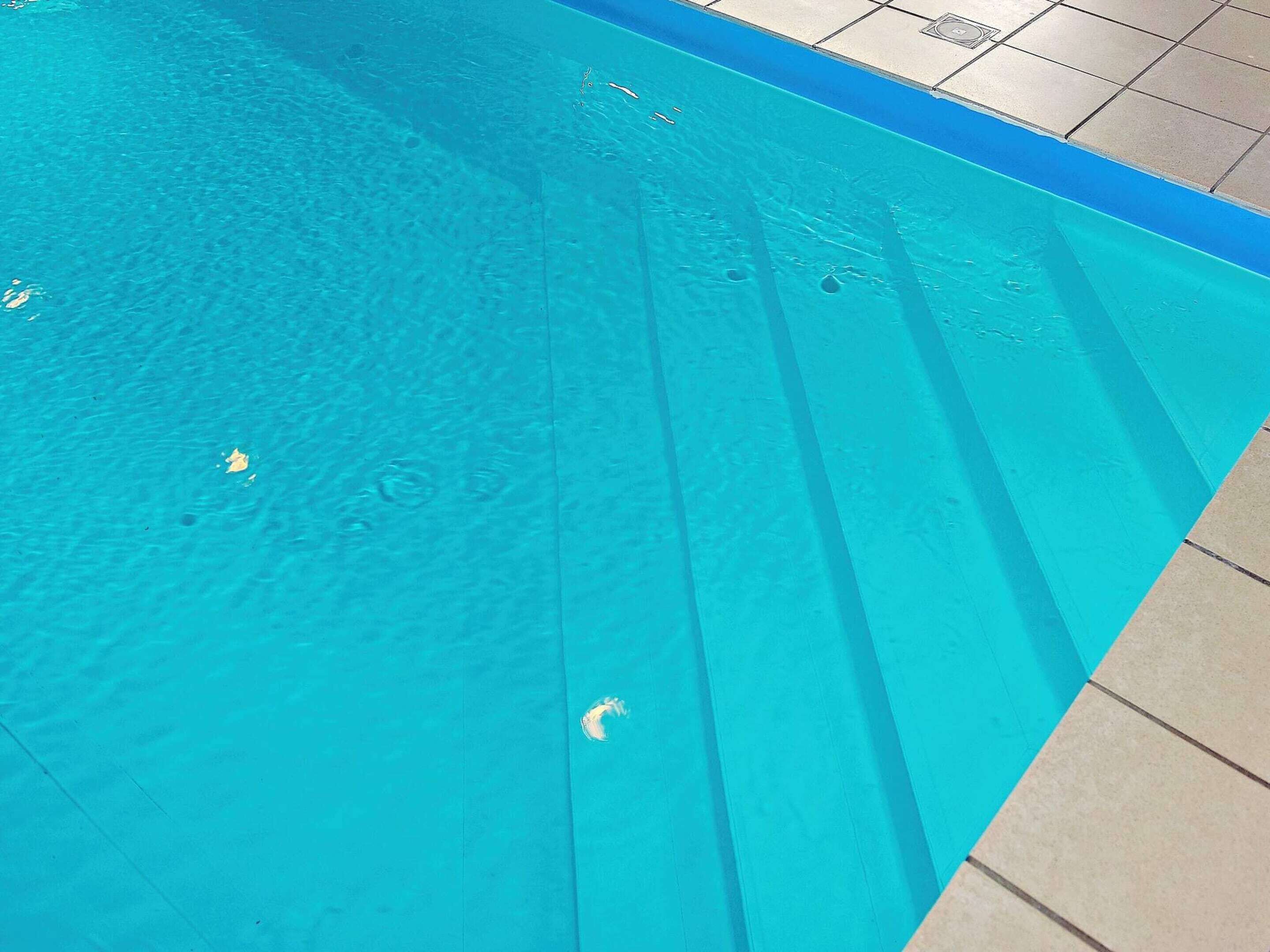 Une piscine aux eaux d’un bleu limpide, dont on peut voir les carreaux et qui est bordée de carreaux.