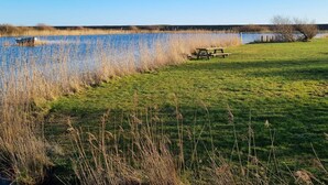 A grassy area with a picnic table and a body of water. - 4 Star Holiday Home in Blavand (Blavand)