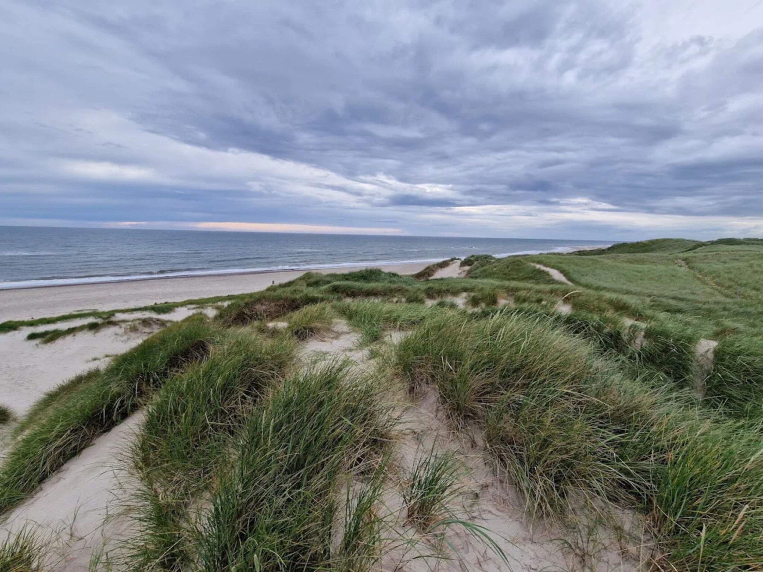 Une plage avec des dunes et un ciel nuageux.
