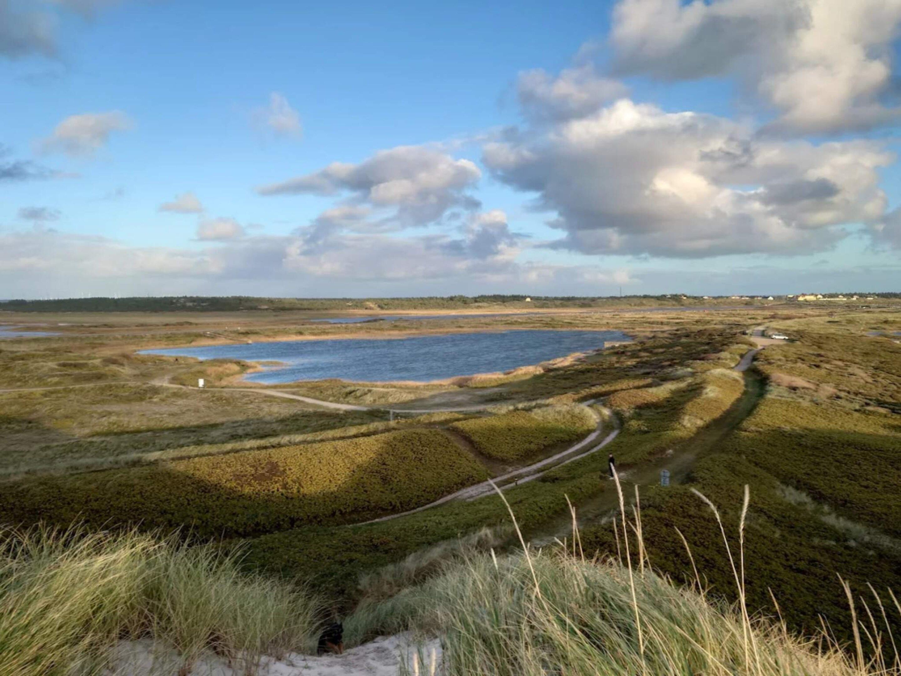 Een kustlandschap met een waterpartij, grasvelden en een pad dat naar het water leidt.
