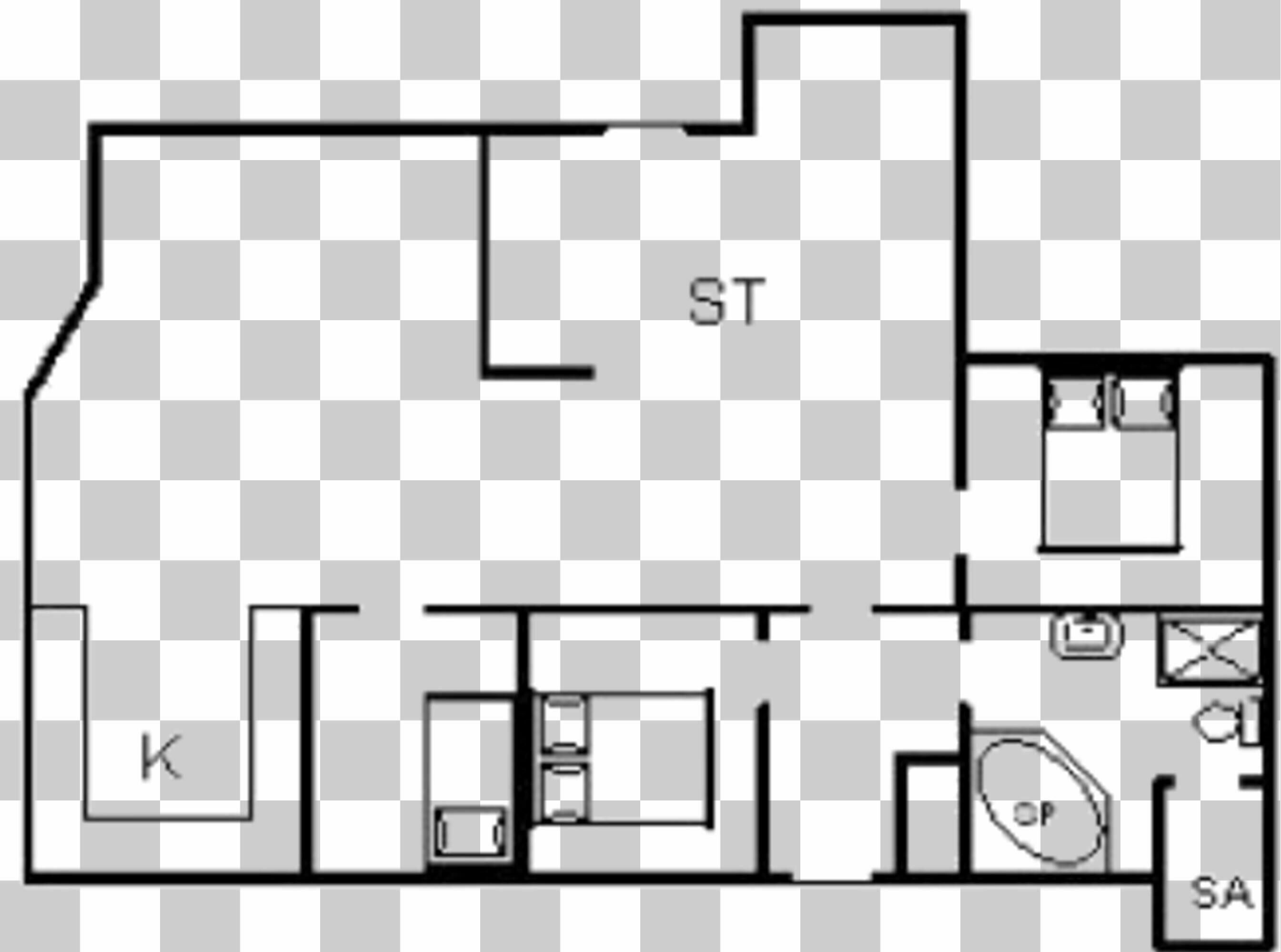 A hotel room layout with a kitchen, a bathroom, and a living area.
