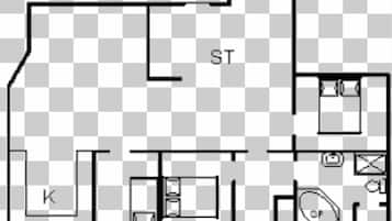 A hotel room layout with a kitchen, a bathroom, and a living area.