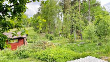 A red cabin with a view of a forested area.