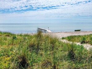 A beach with a wooden pier extending into the water, a boat on the shore, and dense grass in the foreground. - Holiday Home in Sydals (Sydals)