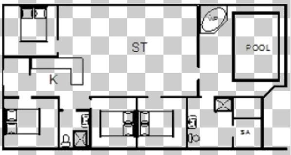 Een plattegrond van een hotel met een zwembad, keuken en woonkamer.