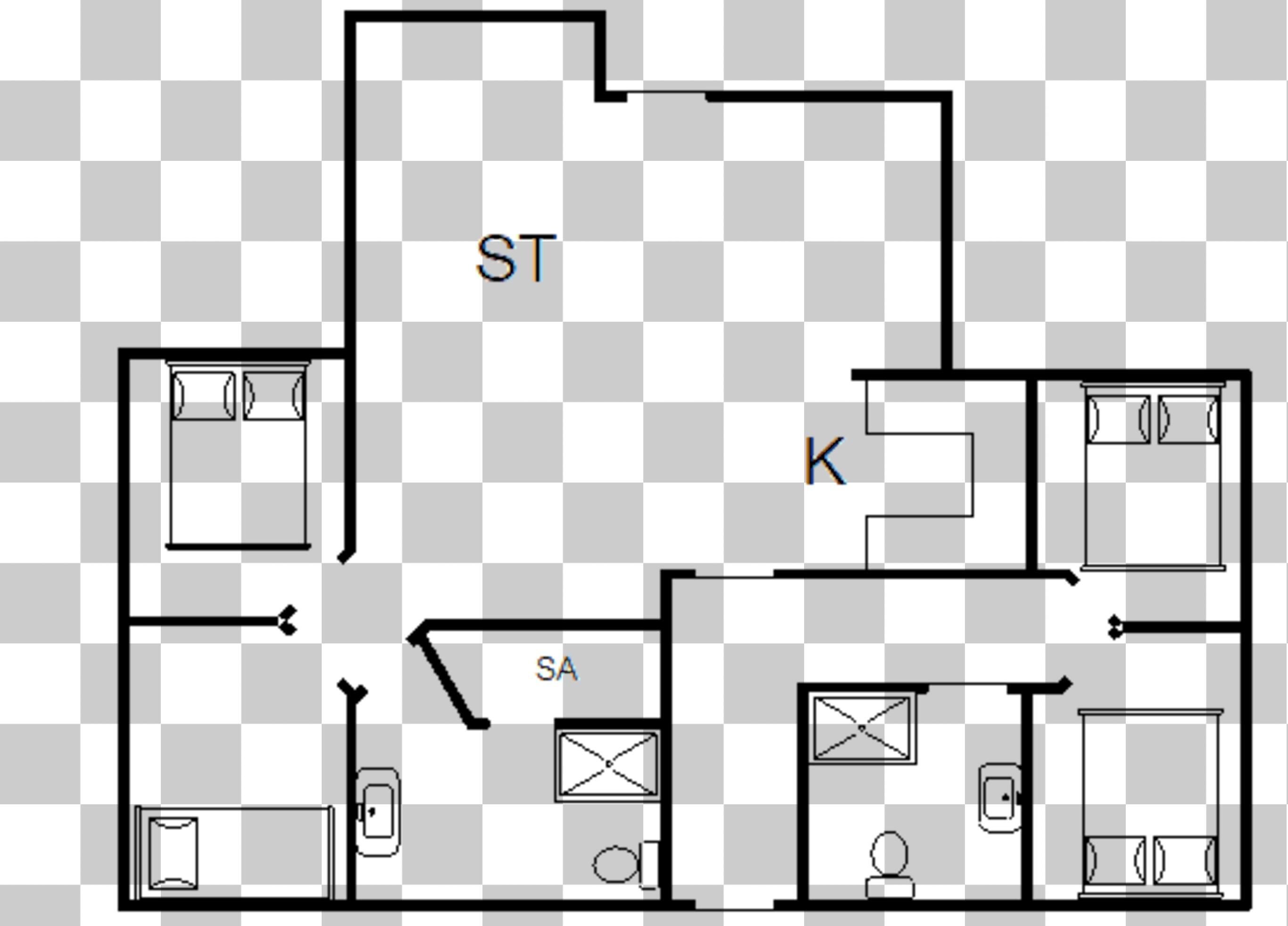 A hotel floor plan with a single bedroom, bathroom, and kitchenette.