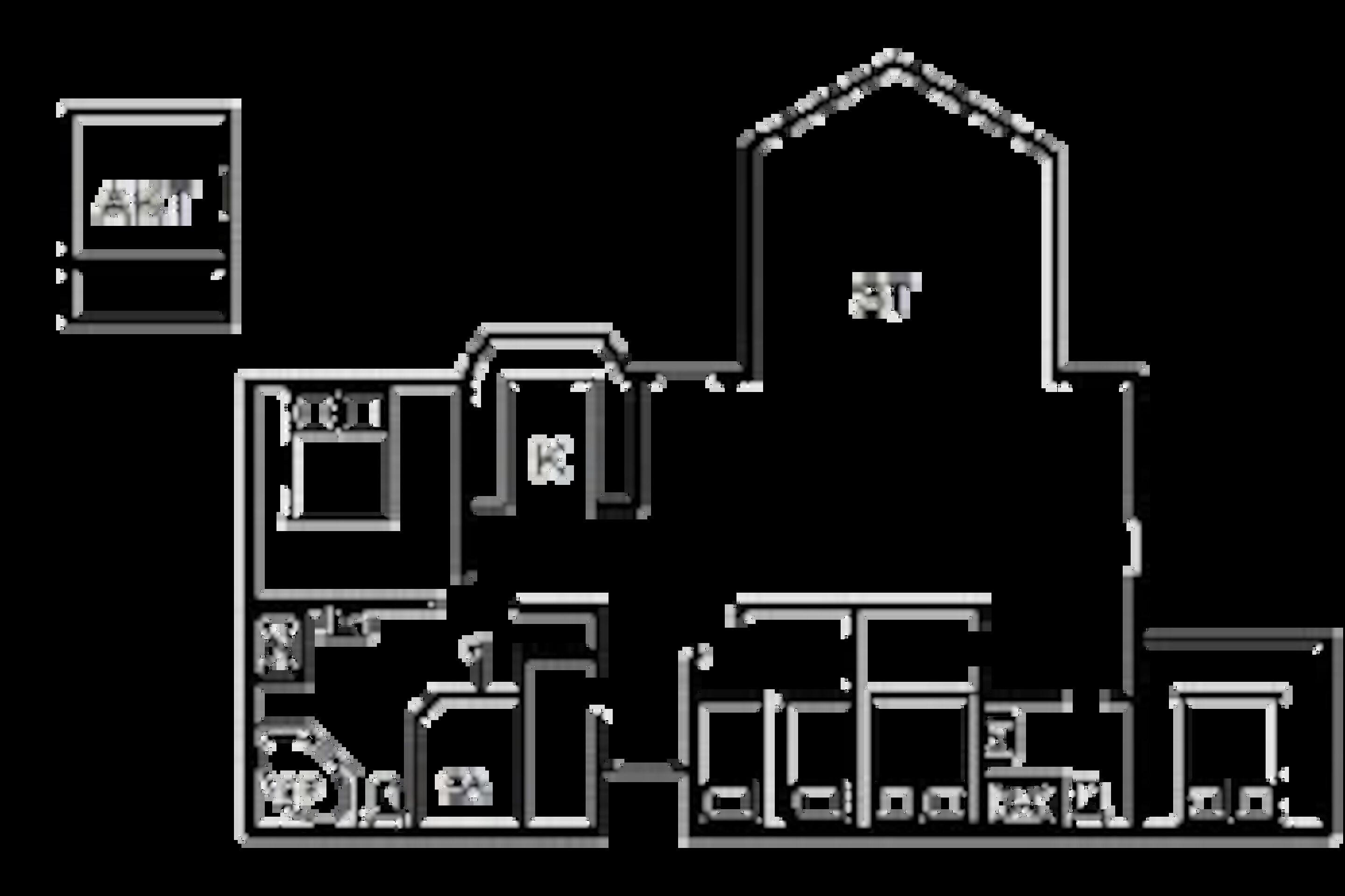 A hotel layout with multiple rooms, a central atrium, and a rooftop terrace.