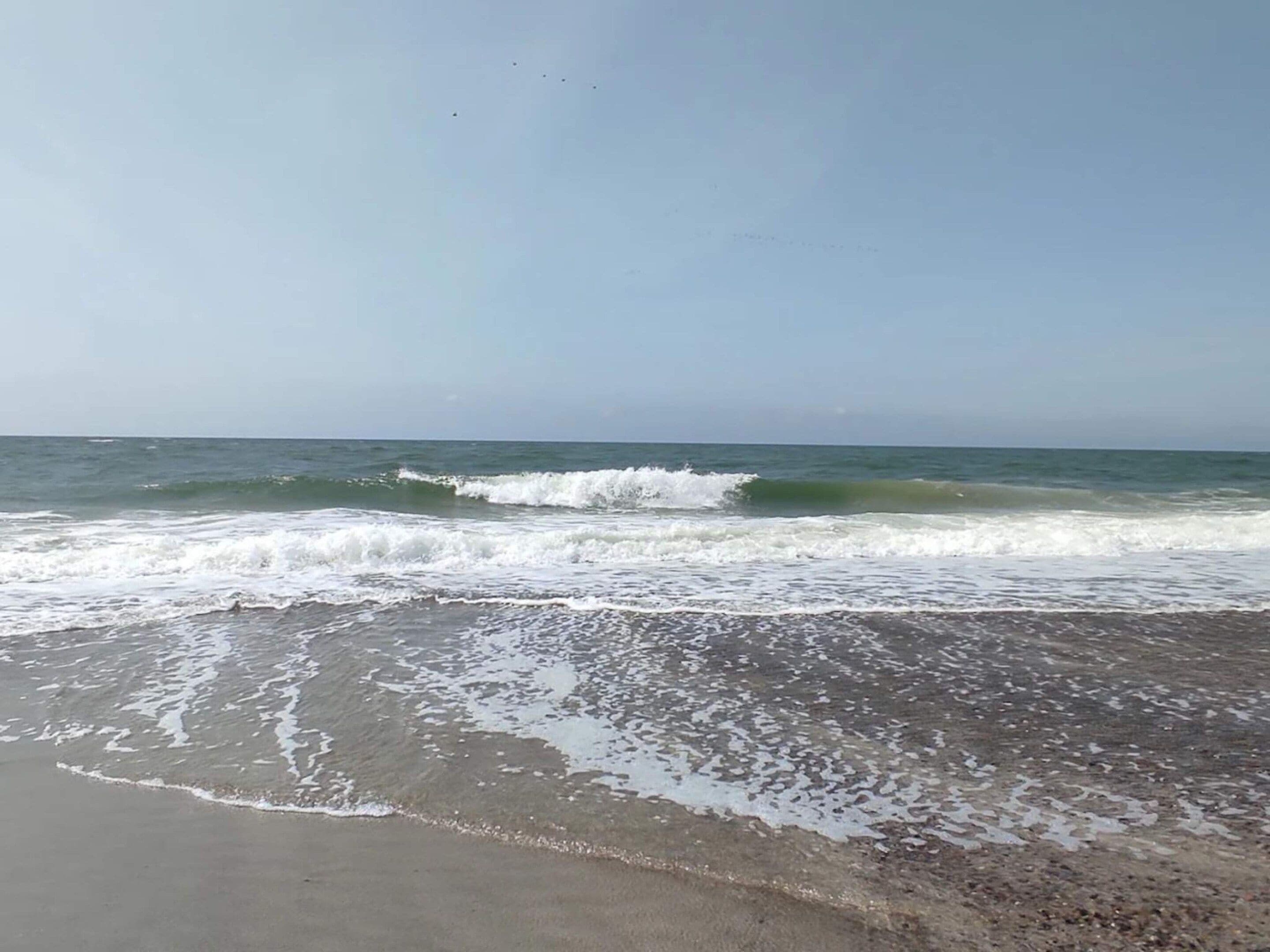 A beach with waves, a clear sky, and a distant horizon.