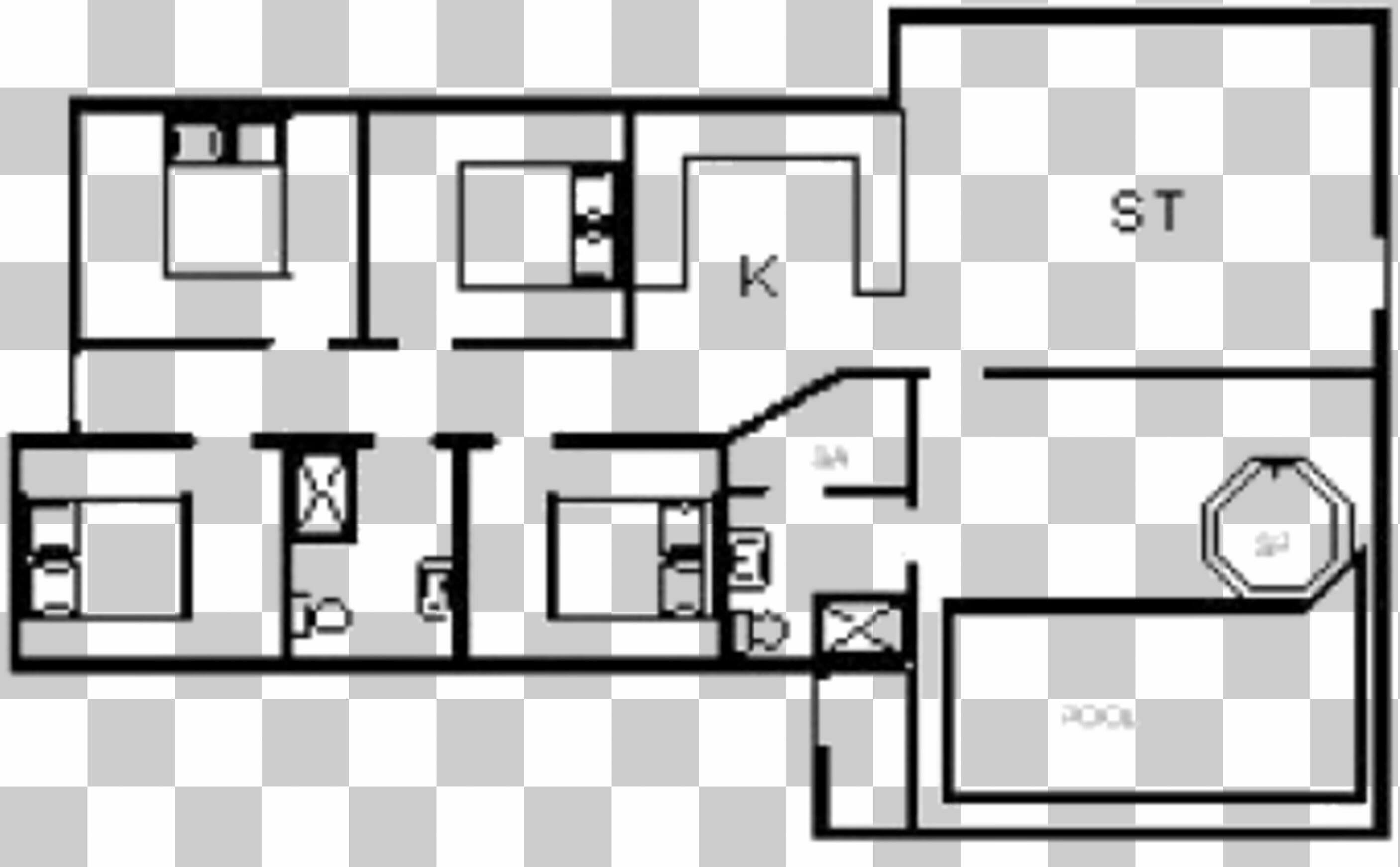 A floor plan with a pool, a kitchen, a living area, and a bedroom.