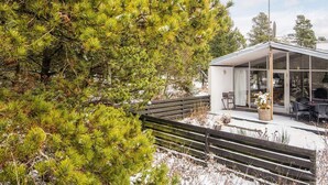 A modern cabin with a glass enclosure, surrounded by dense pine trees and a wooden deck.