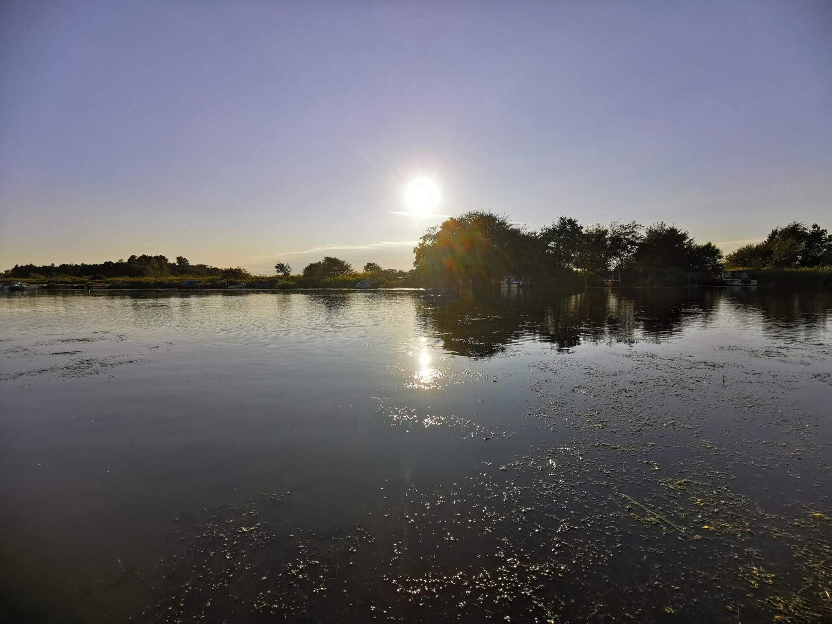 Une étendue d'eau calme où se reflète le soleil, entourée d'arbres et bordée d'un ciel dégagé.