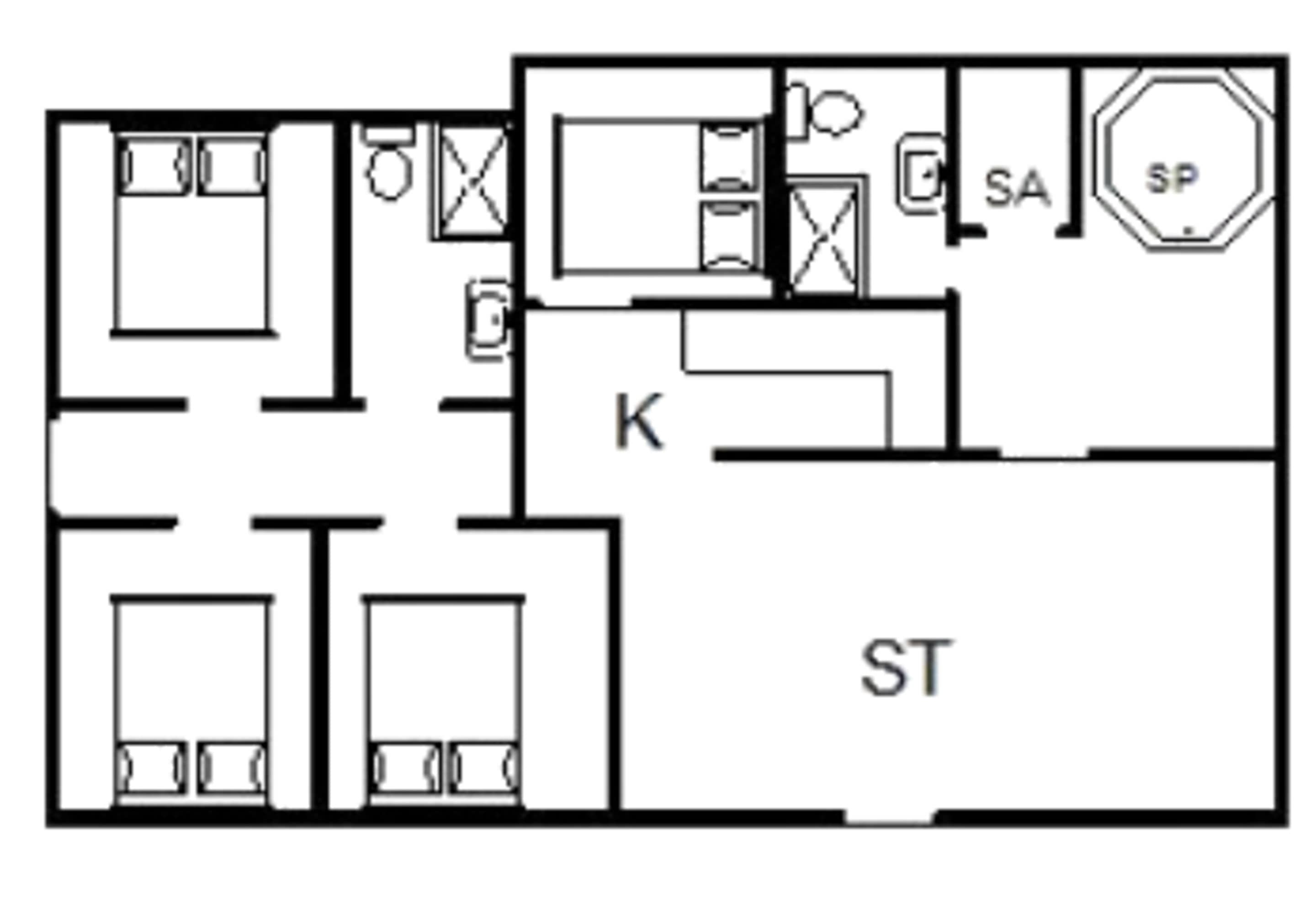 Un hôtel comprenant plusieurs chambres, un couloir central et un espace repas.