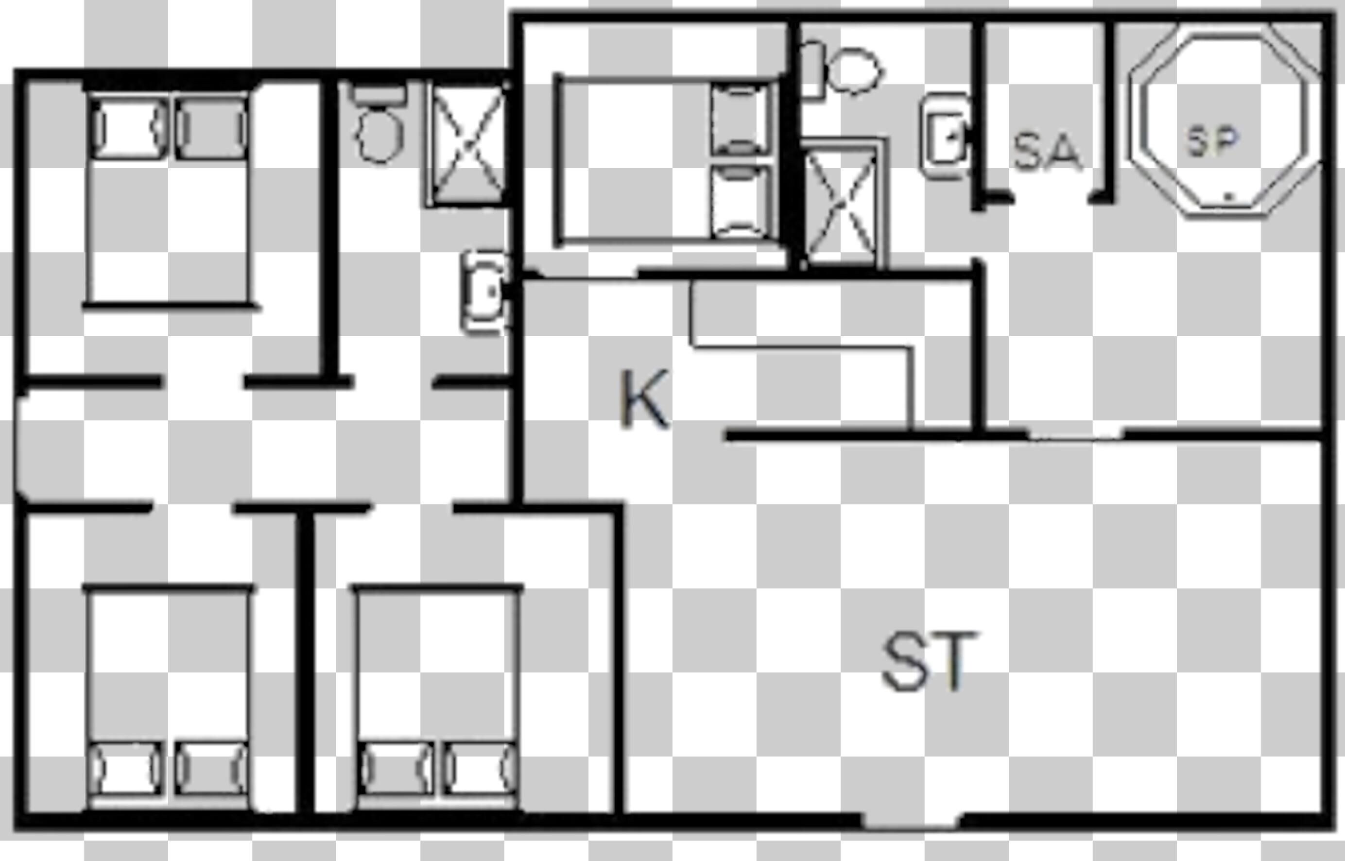 Un plan d’étage comprenant une cuisine, un coin repas, deux chambres et une salle de bain.