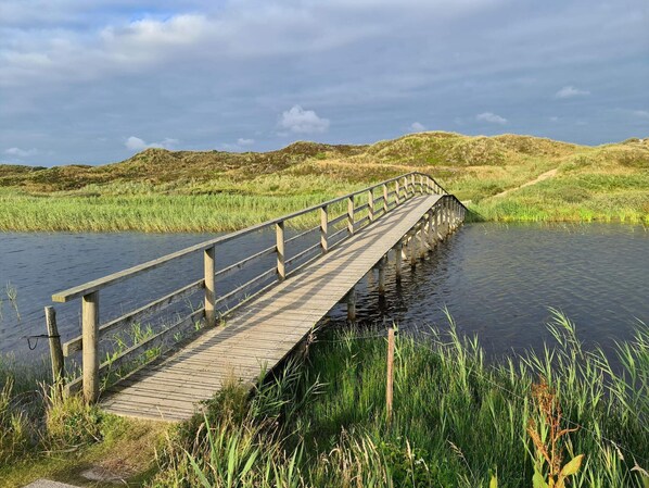 A wooden bridge over water with grassy banks and hills in the background.