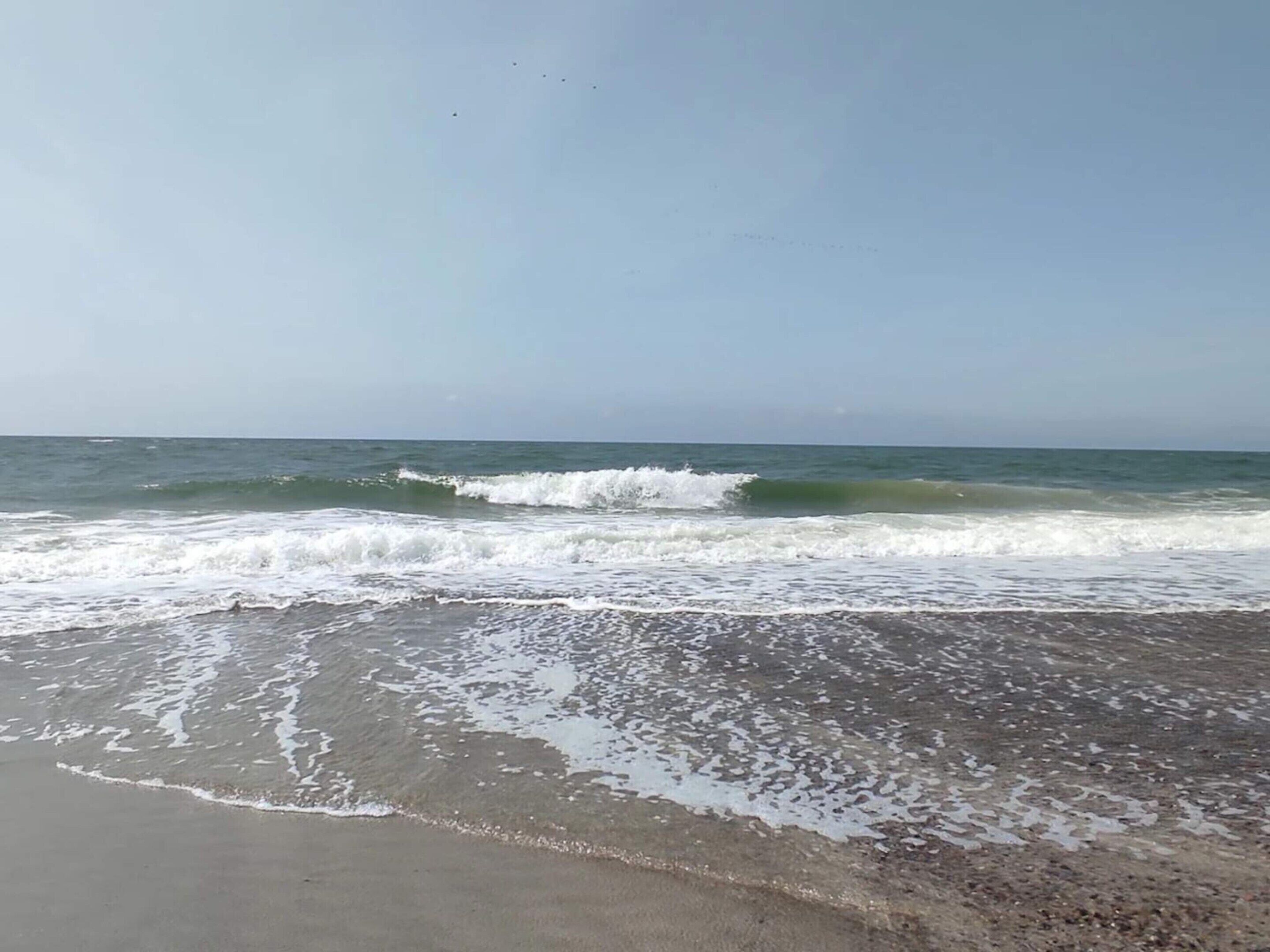 Ein Strand mit Wellen, wolkenlosem Himmel und weiter Ferne.
