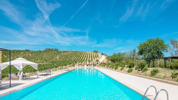 A clear blue swimming pool with a metal ladder, surrounded by a white canopy and lounge chairs, with a vineyard in the background. - Scenic Apartment in Ascoli Piceno with Hot Tub (Ripatransone)