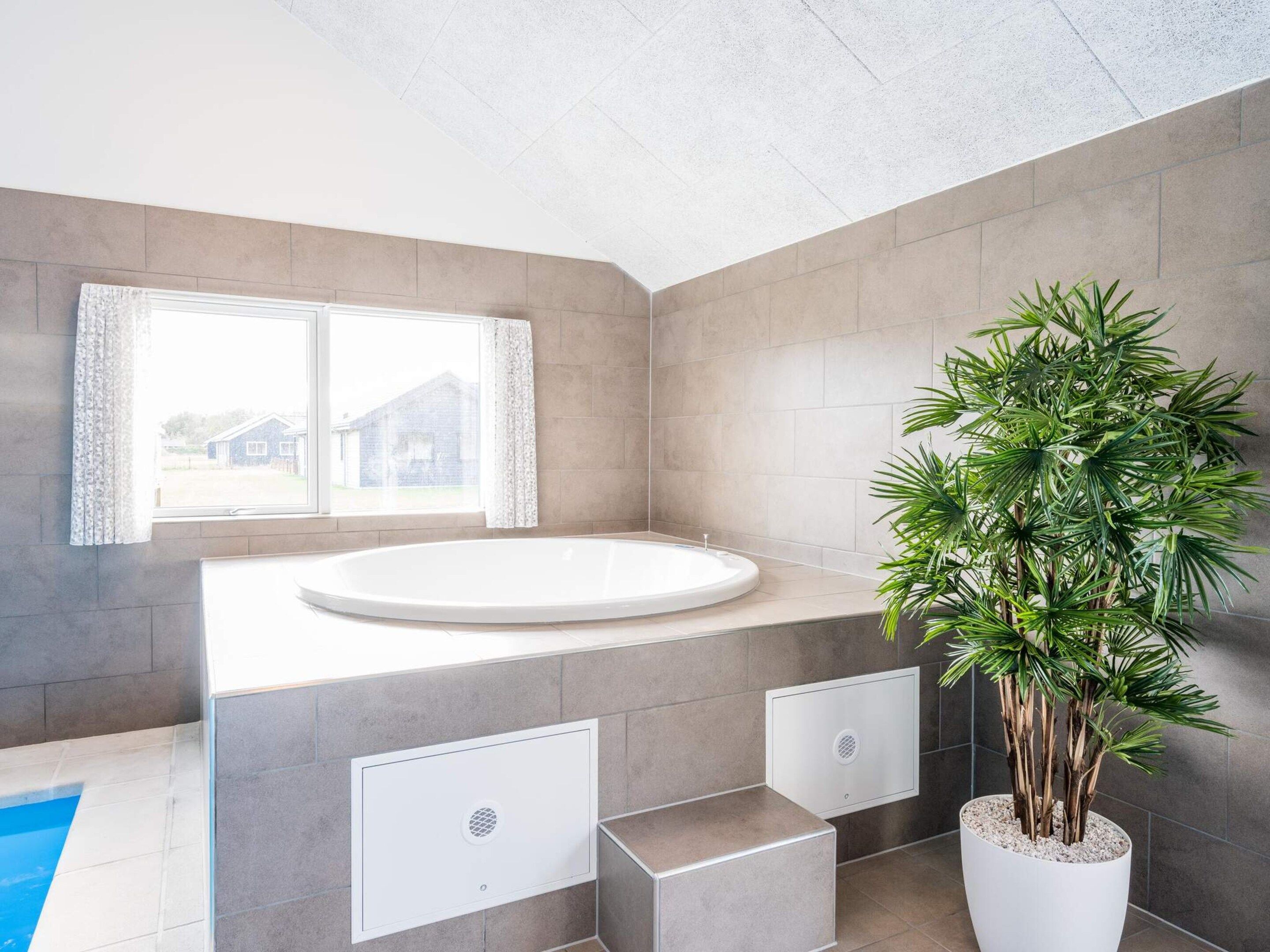 A modern bathroom with a bathtub, a window, and a potted plant.