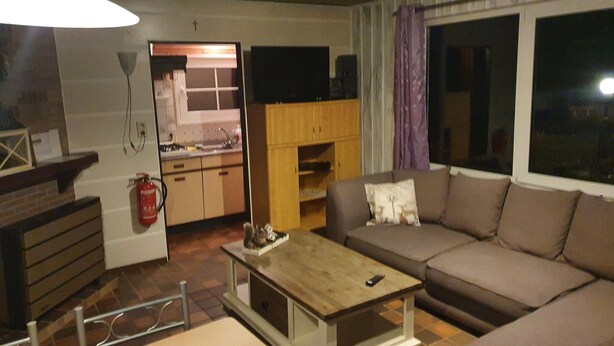 Un salon avec un canapé, une table basse en bois, un téléviseur posé sur un meuble et un coin cuisine visible à travers une porte ouverte.
