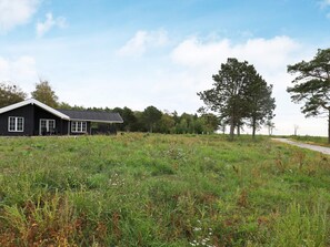A black house with a sloped roof and white trim, surrounded by a grassy field and trees.