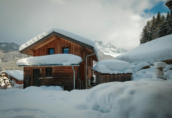 Una baita di legno con tetto imbiancato dalla neve, circondata da terreno e alberi coperti di neve, con montagne sullo sfondo.