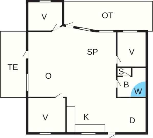 A hotel layout with multiple rooms labeled V, OT, SP, TE, O, K, D, S, B, and W.