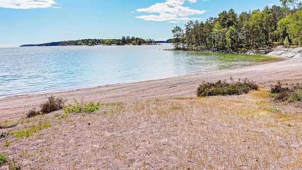 A beach with a rocky shoreline, a forested island in the distance, and a clear sky. - 4 Star Holiday Home in Loftahammar (Loftahammar)