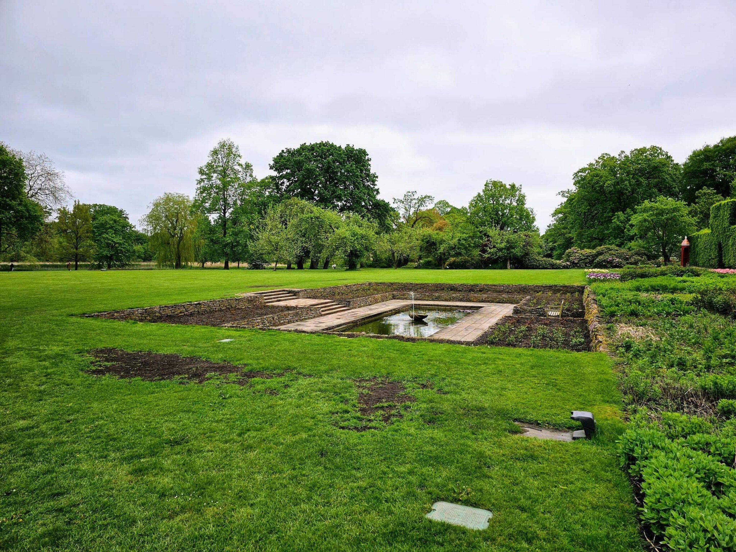 A park with a pond, stone steps, and lush greenery.