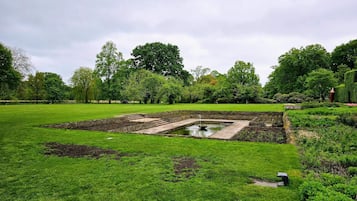 A park with a pond, stone steps, and lush greenery.
