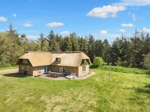 A thatched-roof house with a patio area, surrounded by a grassy field and dense forest.