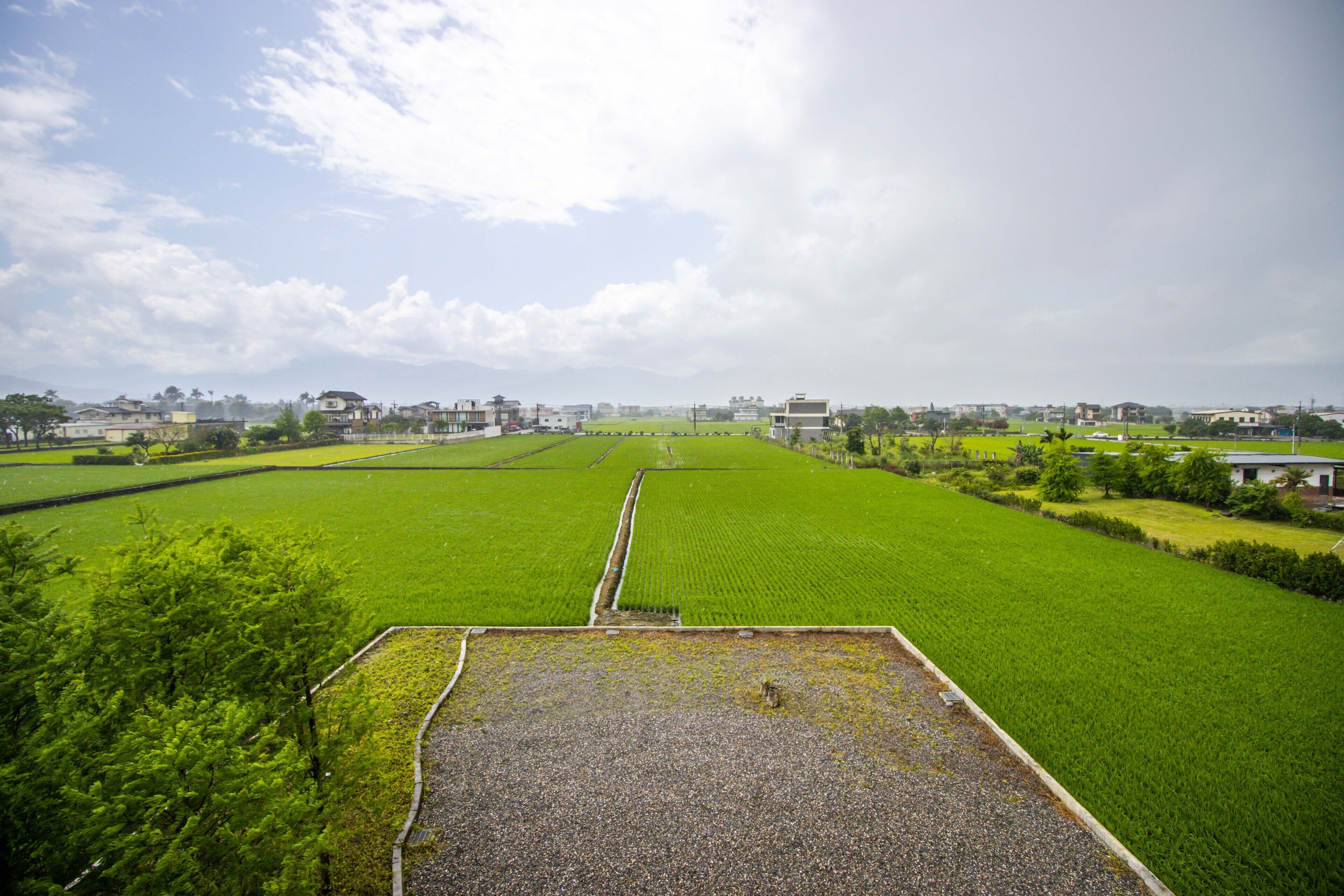 A rural landscape with green fields and a clear sky.