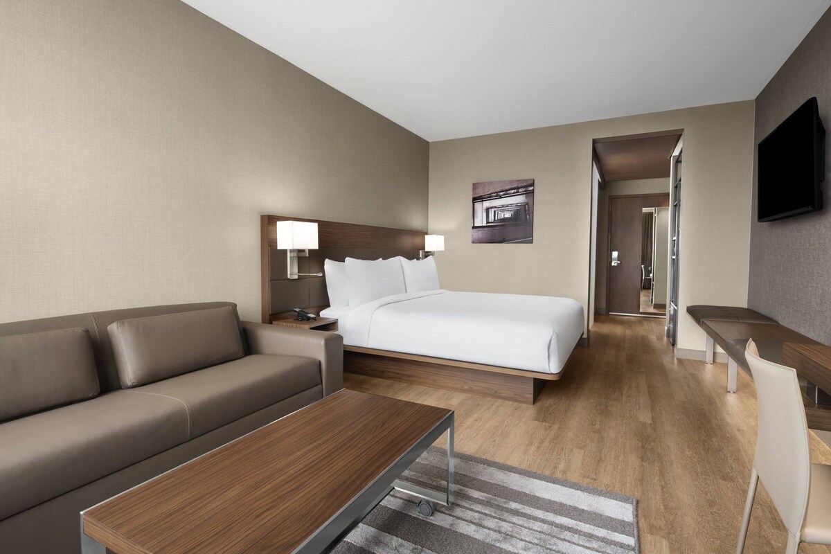 A modern hotel room with a bed, a sofa, a desk, and a TV.