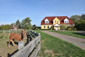 A stable with a horse and a large yellow house with a red roof.