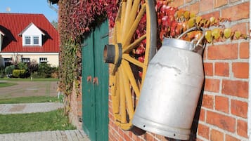 A metal bucket mounted on a brick wall, a wooden wheel, and a green door with ivy.