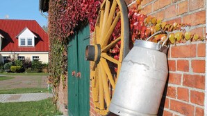 A metal bucket mounted on a brick wall, a wooden wheel, and a green door with ivy.